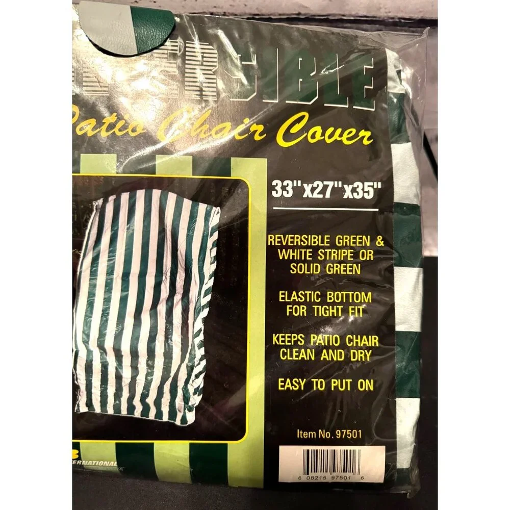 LB International Reversible Vinyl Patio Chair Cover White Green Striped 33
